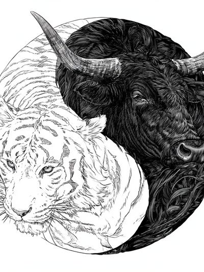 Yin Yang Tiger and Bull Illustration Poster. poster