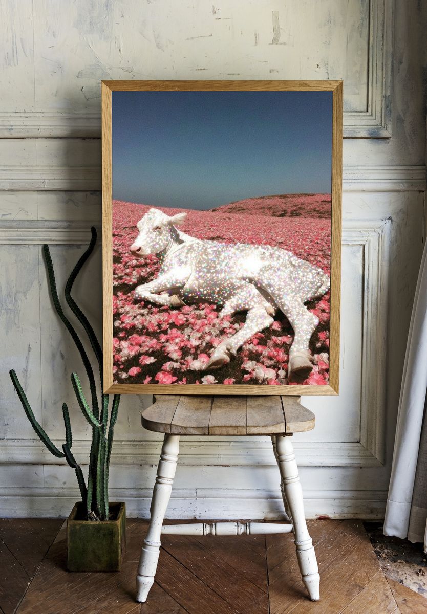 Sparkling Cow in Flower Field Print. — room view 1