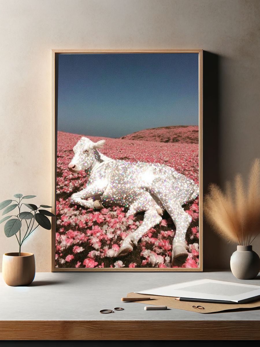 Sparkling Cow in Flower Field Print. — room view 2