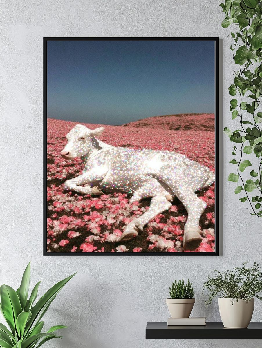 Sparkling Cow in Flower Field Print. — room view 4