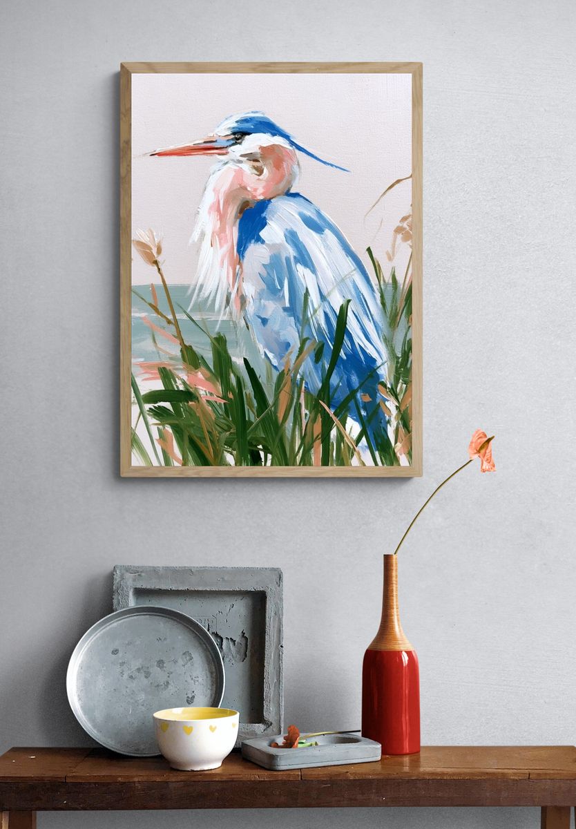 Blue Heron Coastal Painting Poster. — room view 3