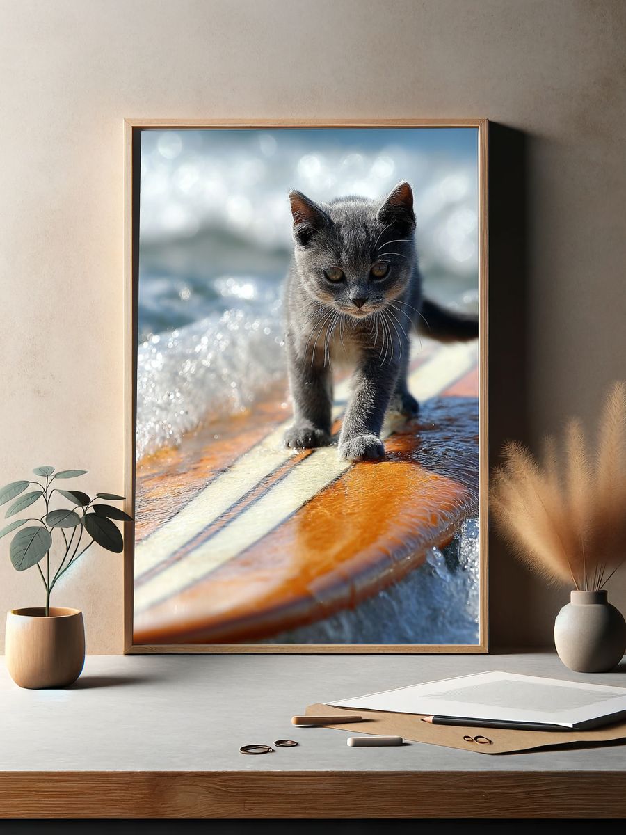 Surfboard Kitten Photography Poster. — room view 2