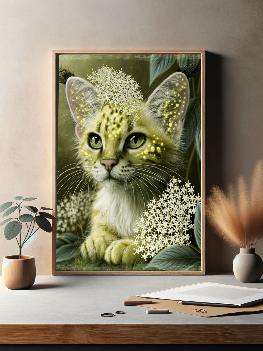 Floral Cat Portrait Poster. — room view 2