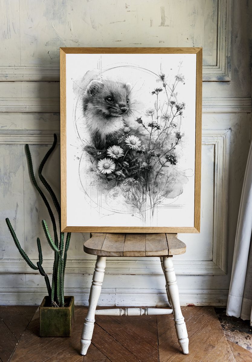 Stoat and Wildflowers Ink Poster. room preview