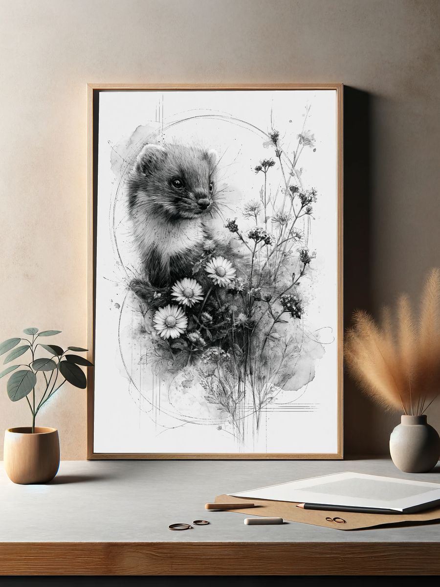 Stoat and Wildflowers Ink Poster. — room view 2