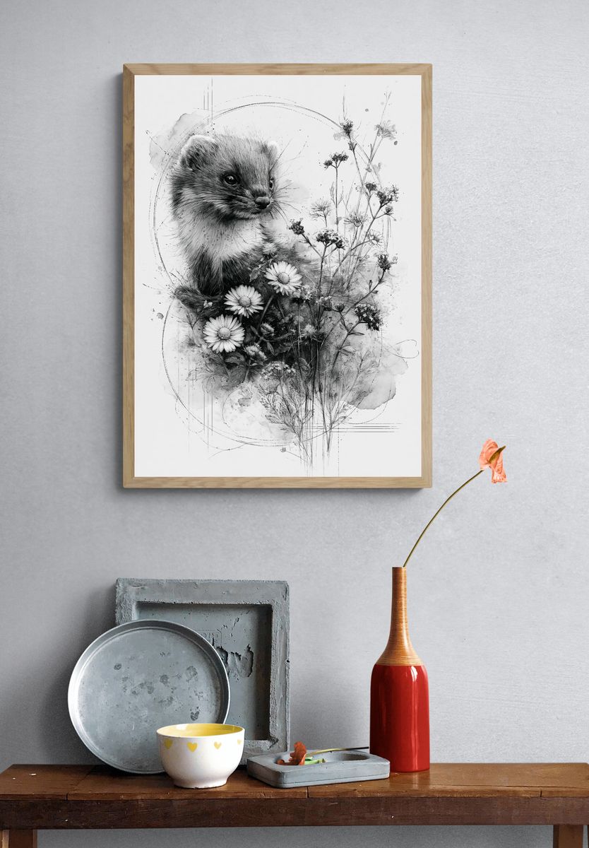 Stoat and Wildflowers Ink Poster. — room view 3