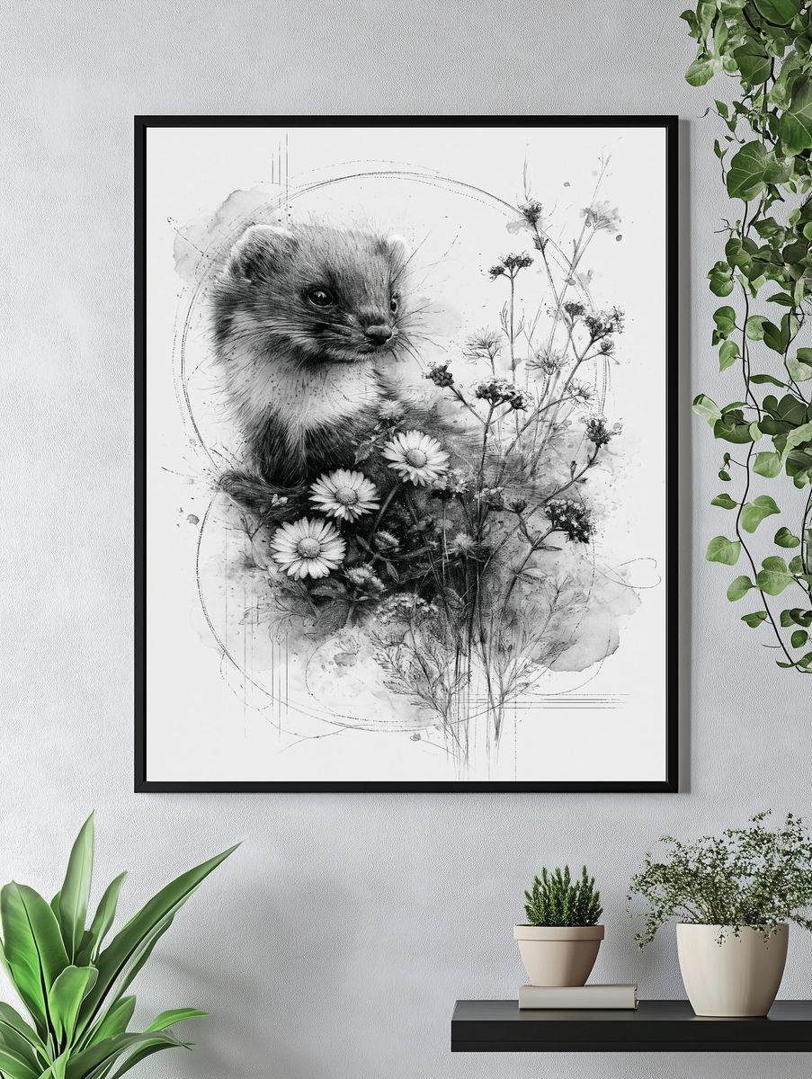 Stoat and Wildflowers Ink Poster. — room view 4
