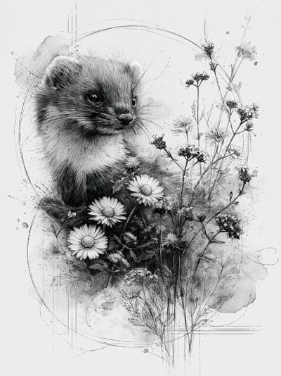 Stoat and Wildflowers Ink Poster.