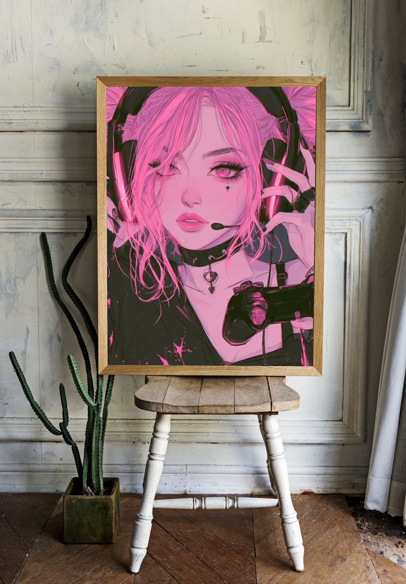 Pink Gamer Girl Anime Poster. room preview