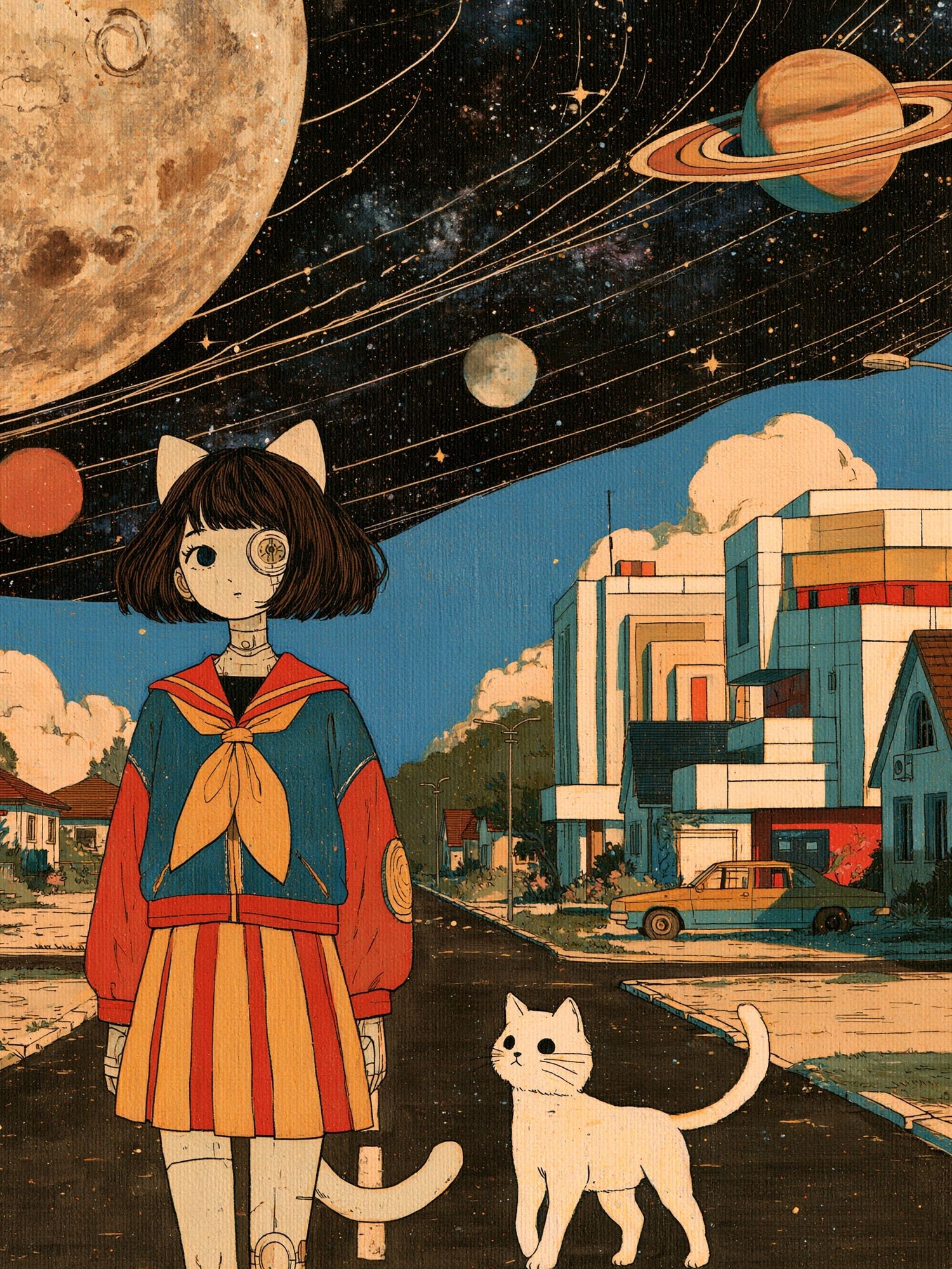 Surreal Catgirl Space Street Poster. poster — anime art