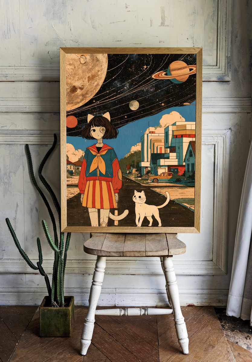 Surreal Catgirl Space Street Poster. room preview