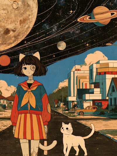 Surreal Catgirl Space Street Poster.