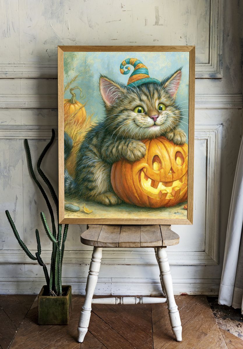 Halloween Kitten Pumpkin Print. room preview