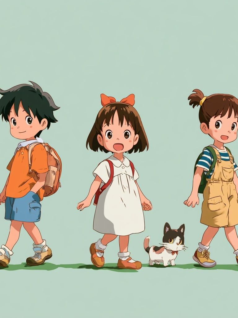 Cute Kids and Cat Illustration Poster. poster detail