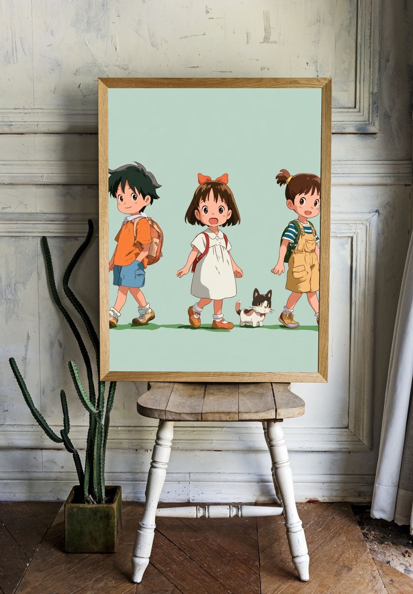 Cute Kids and Cat Illustration Poster. room preview