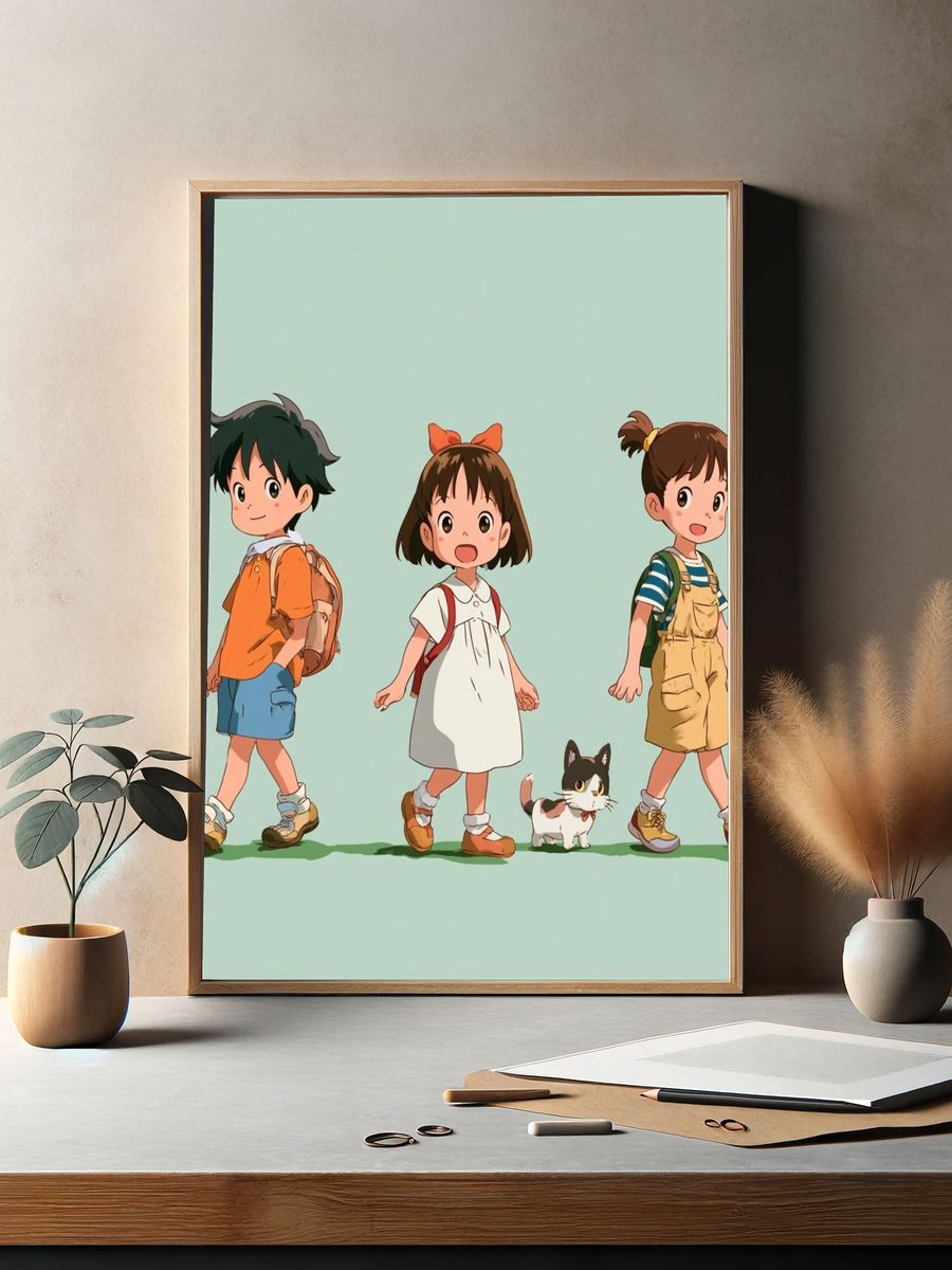 Cute Kids and Cat Illustration Poster. — room view 2