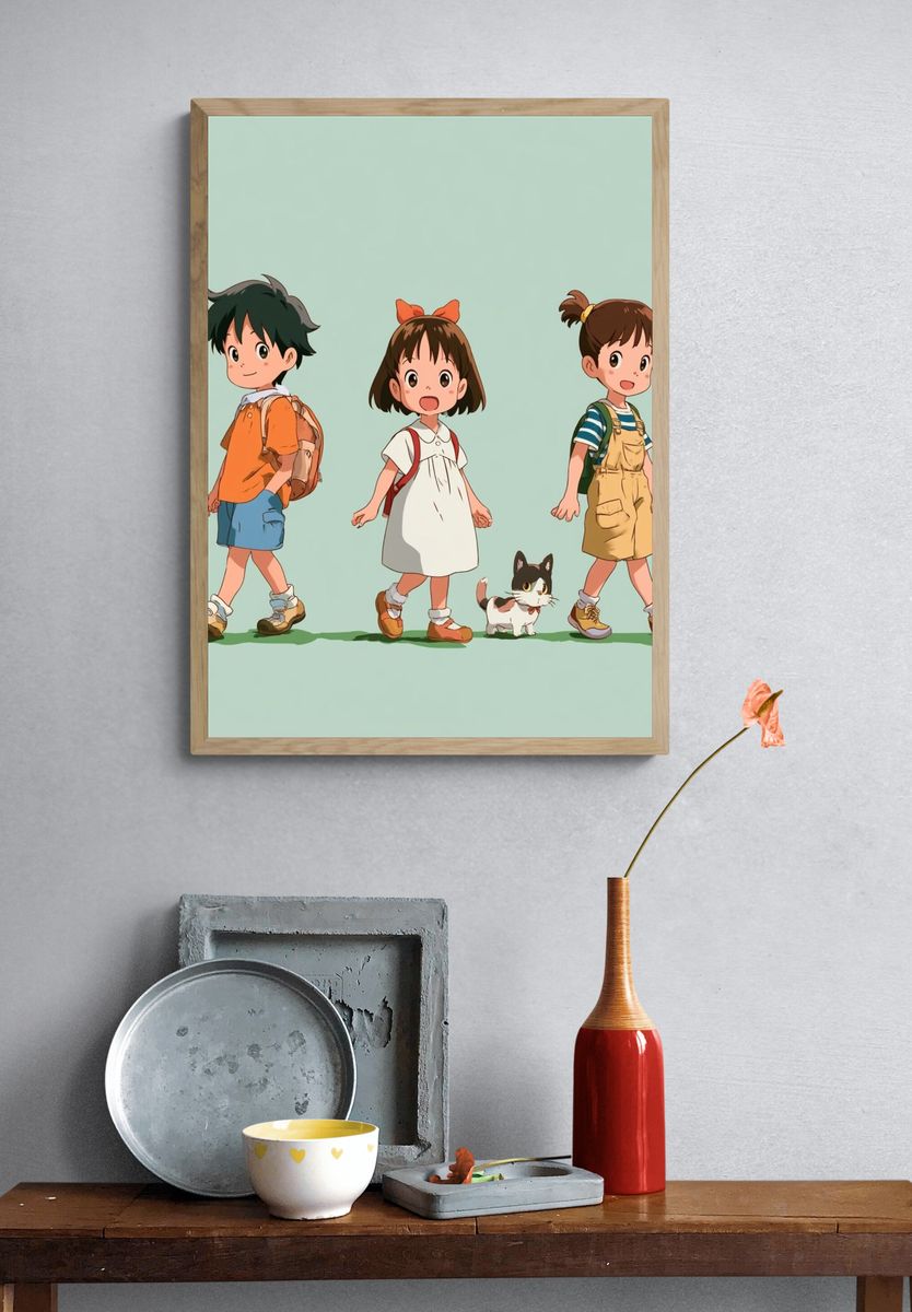 Cute Kids and Cat Illustration Poster. — room view 3