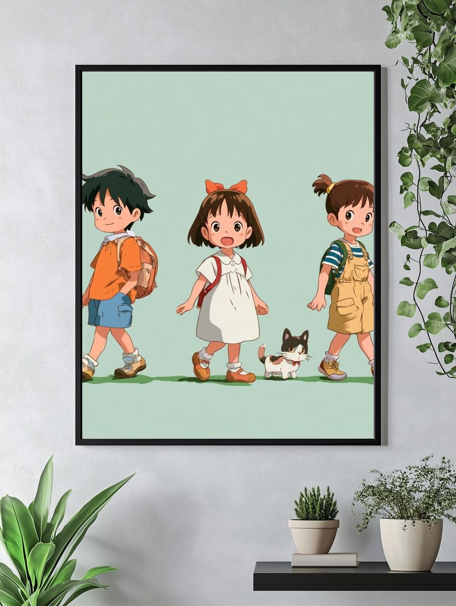 Cute Kids and Cat Illustration Poster. — room view 4