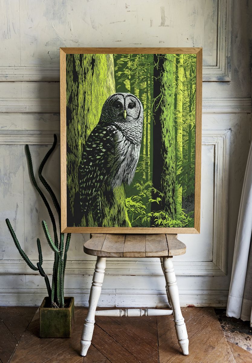 Owl in Neon Forest Illustration Poster. — room view 1