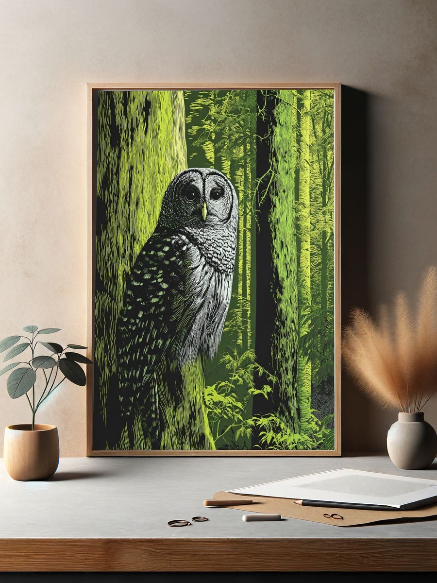 Owl in Neon Forest Illustration Poster. — room view 2