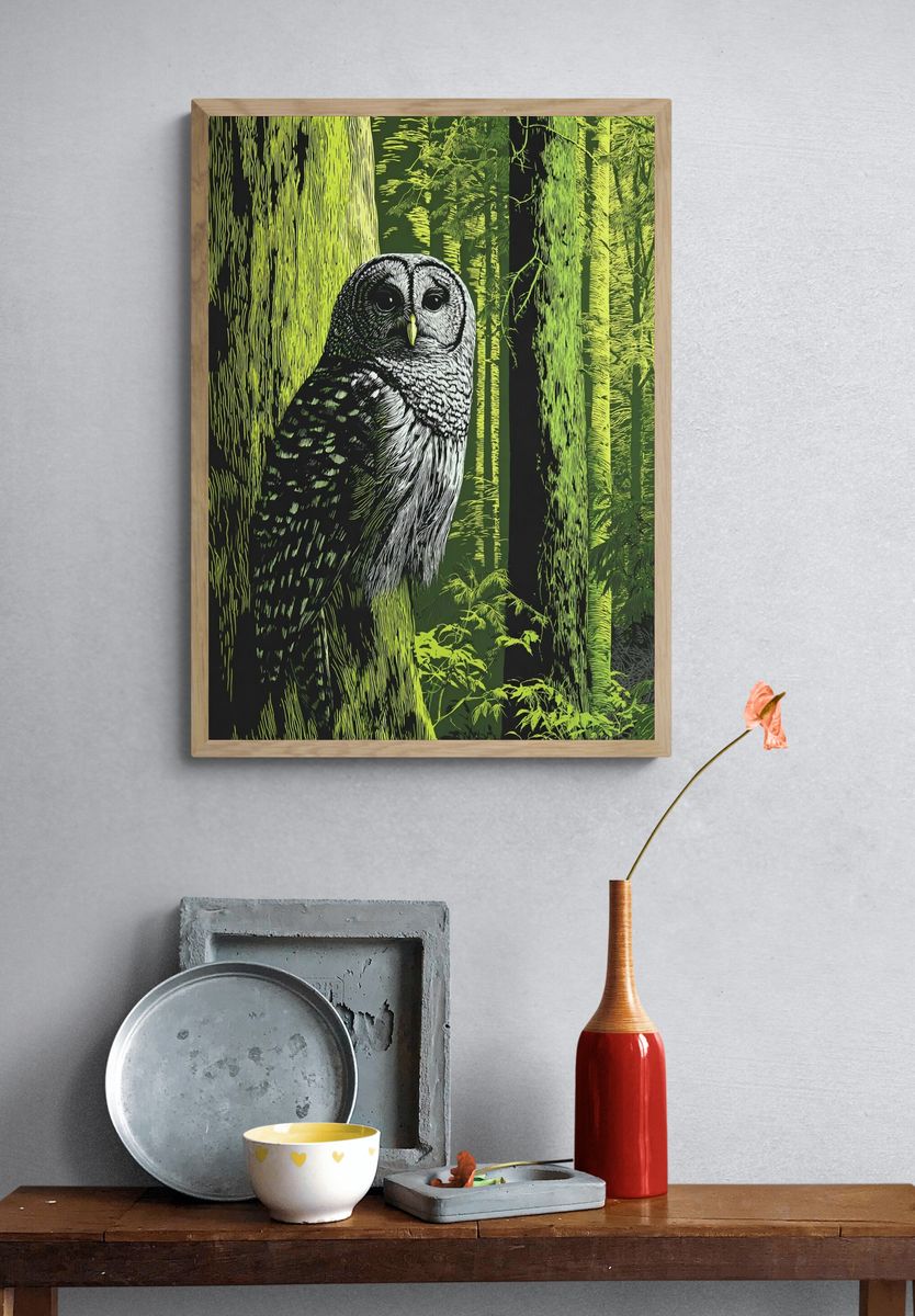 Owl in Neon Forest Illustration Poster. — room view 3