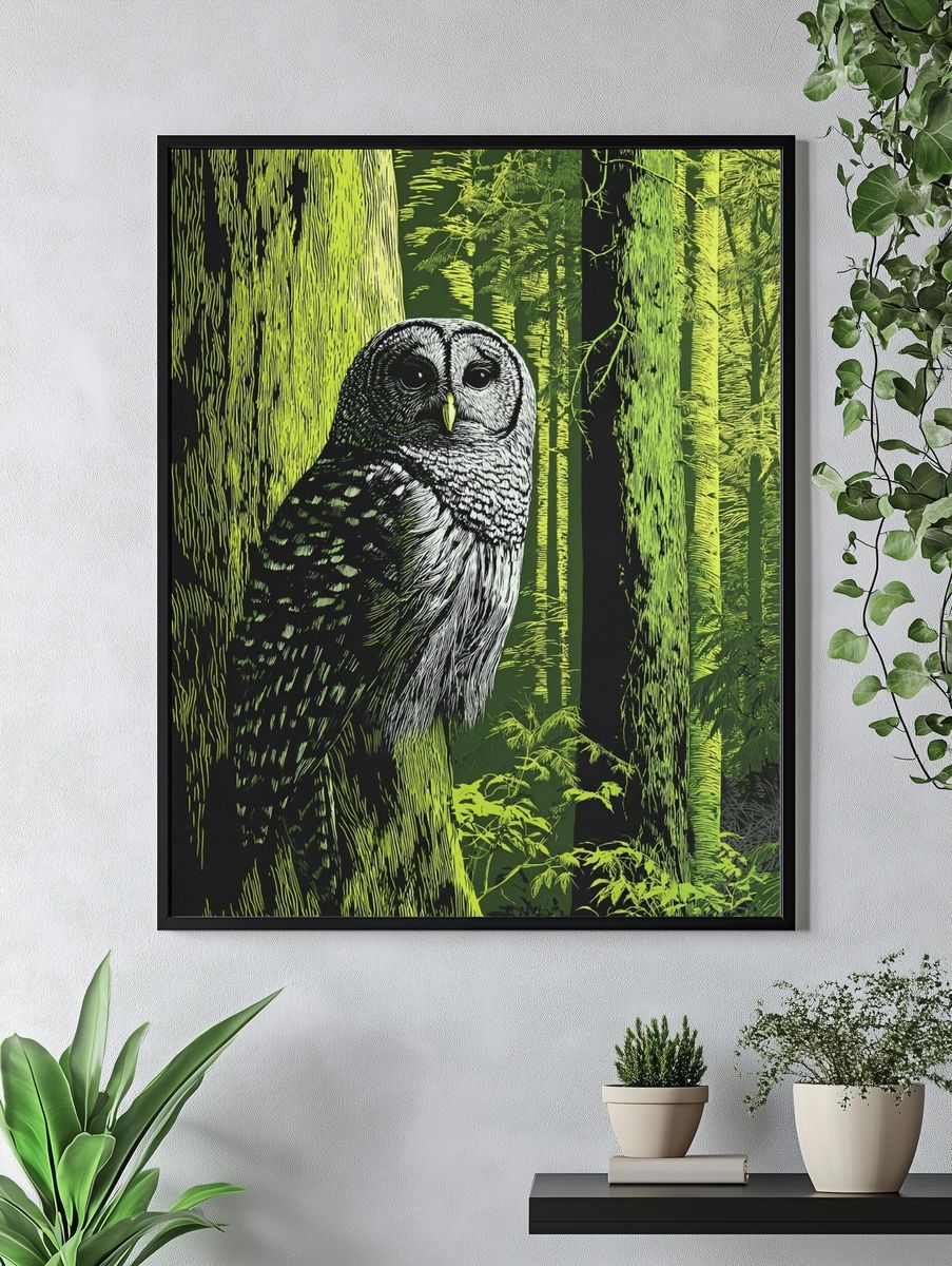 Owl in Neon Forest Illustration Poster. — room view 4