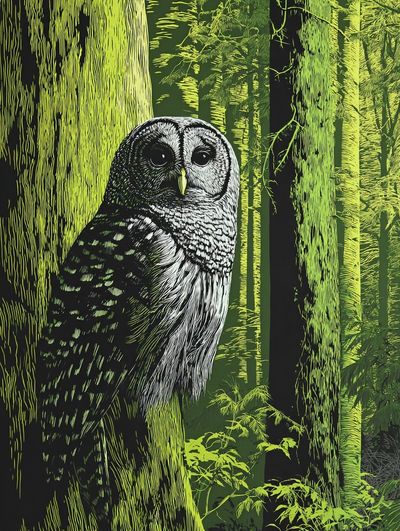 Owl in Neon Forest Illustration Poster.