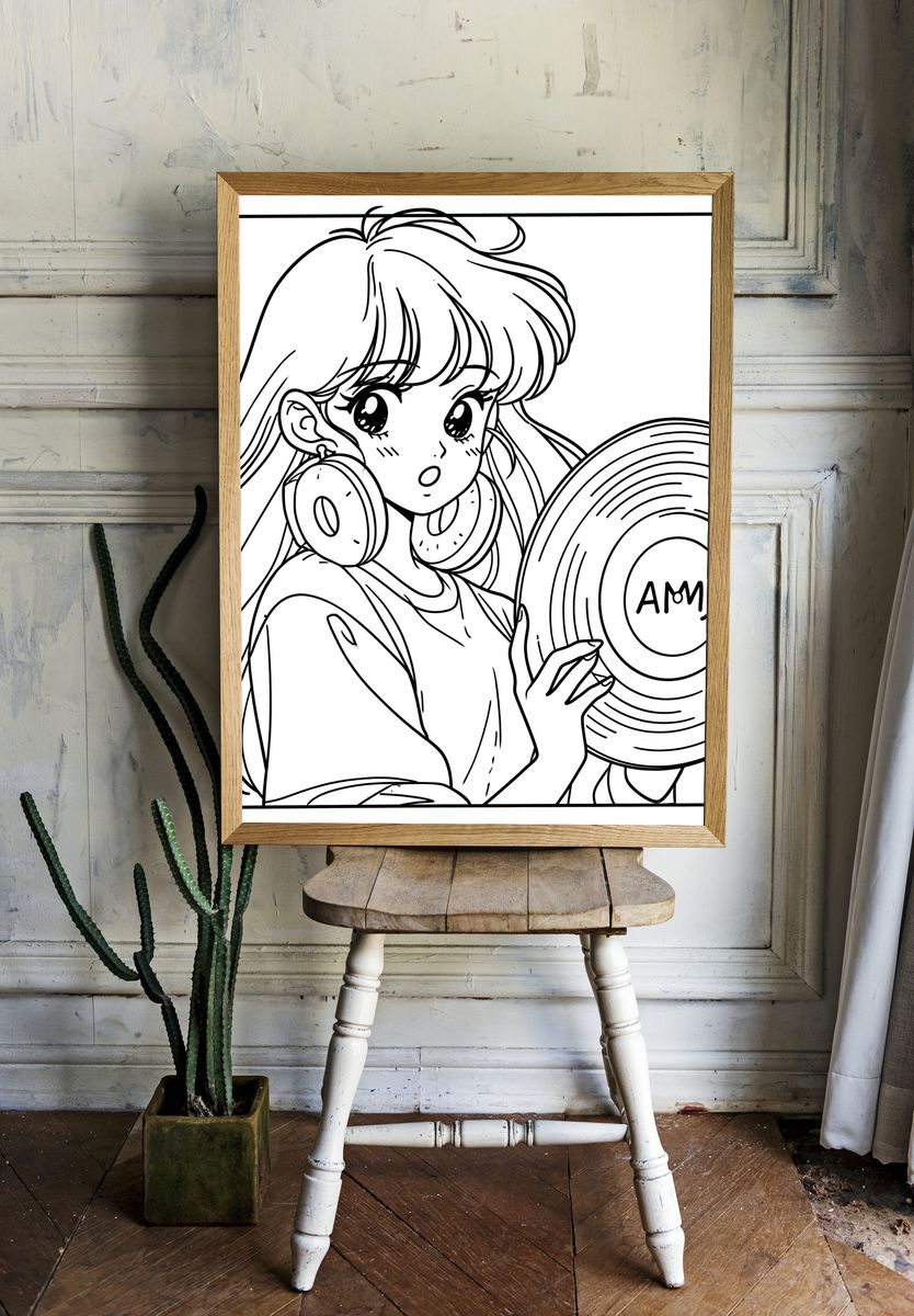 Anime Girl with Vinyl Record Poster. room preview