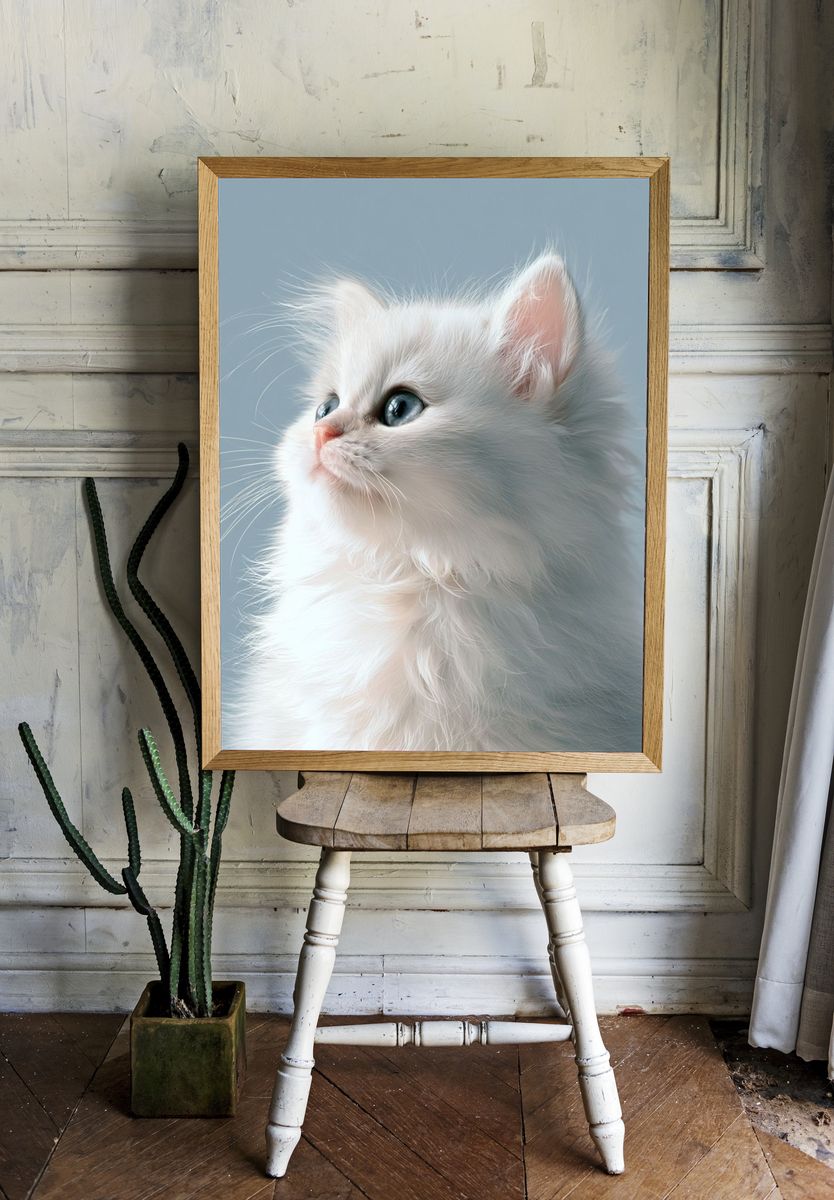 White Kitten Portrait Print. room preview