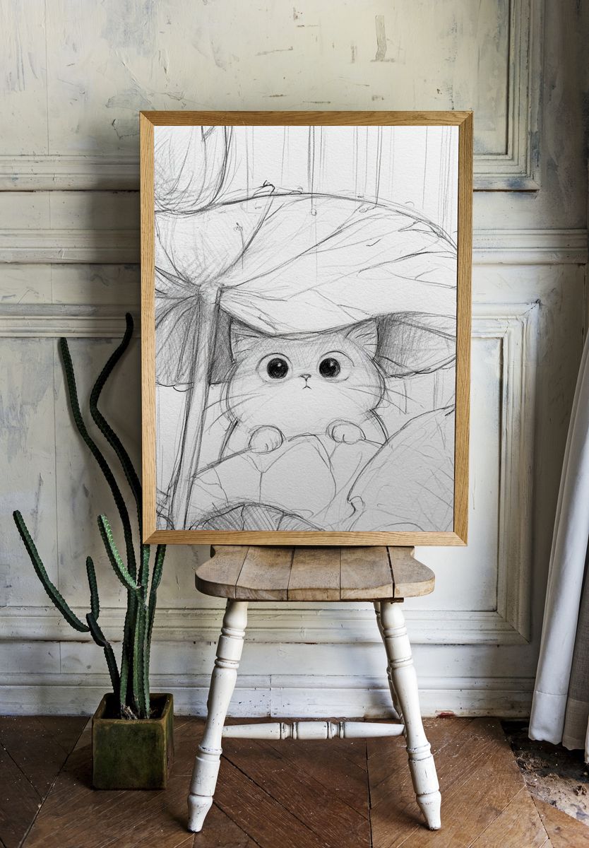 Cat Under Mushroom Sketch Poster. room preview