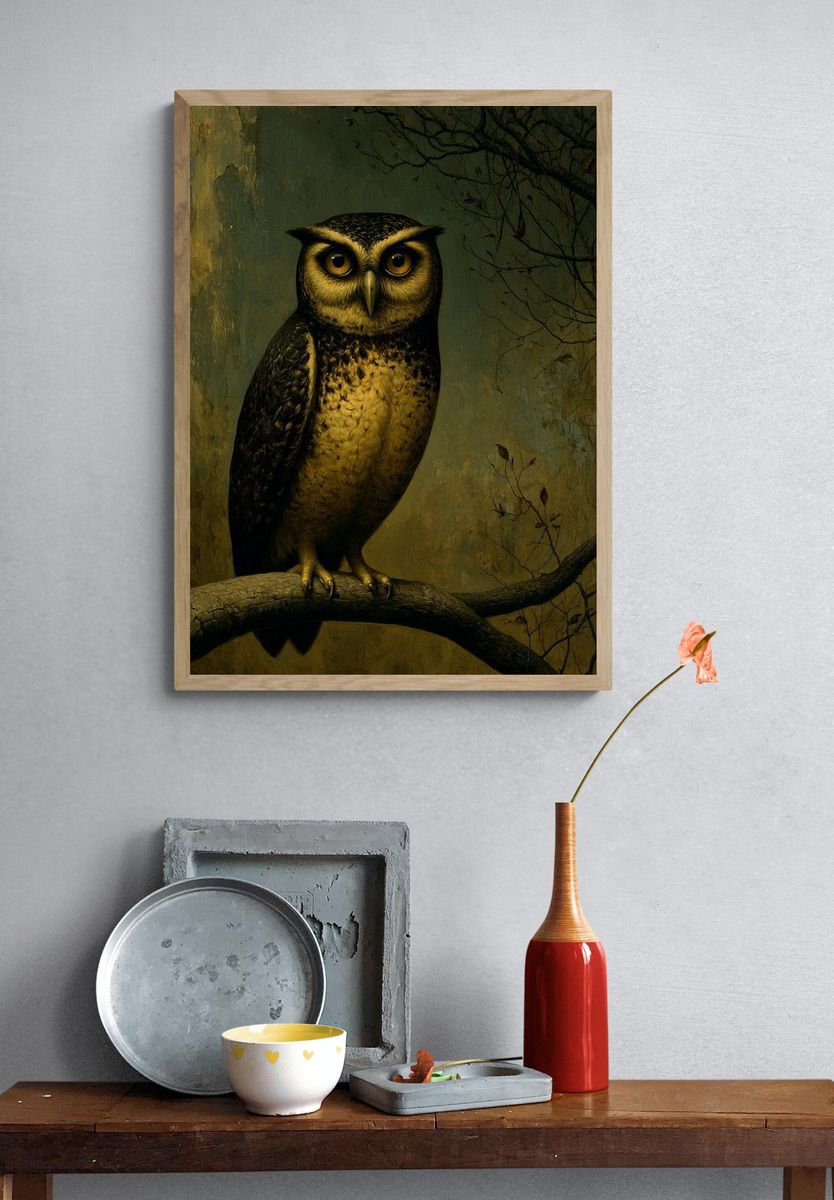 Owl on Branch Illustration Poster. — room view 3