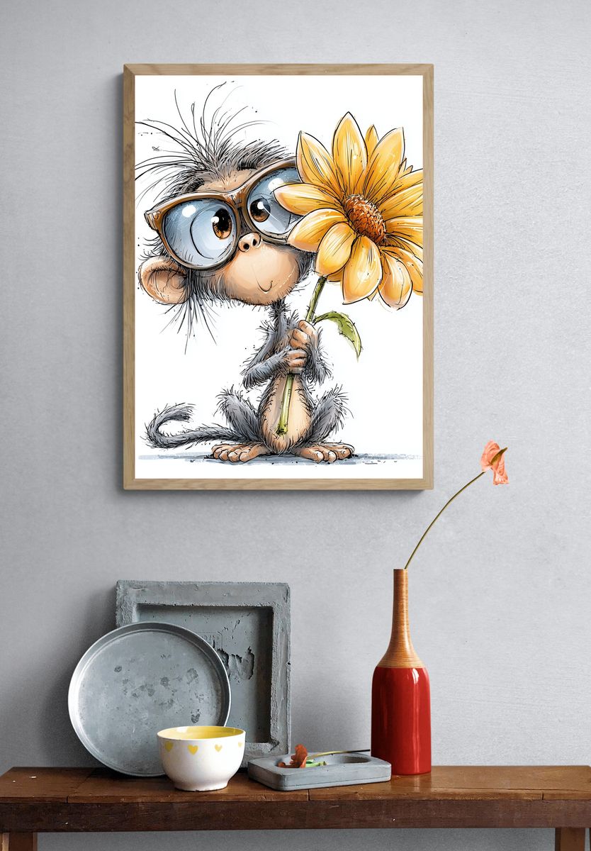 Monkey with Flower Illustration Poster. — room view 3