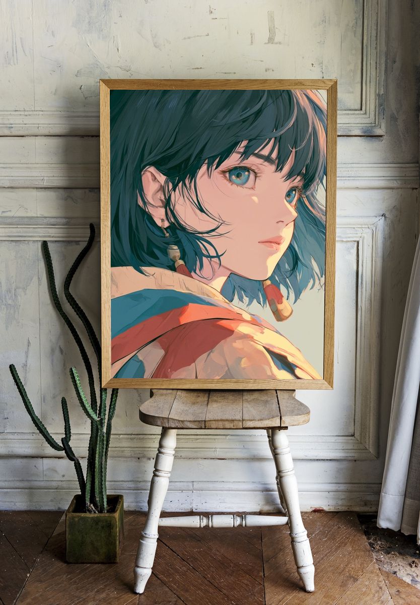 Blue-Haired Anime Portrait Poster. room preview