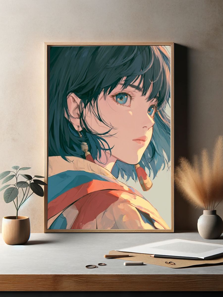 Blue-Haired Anime Portrait Poster. — room view 2