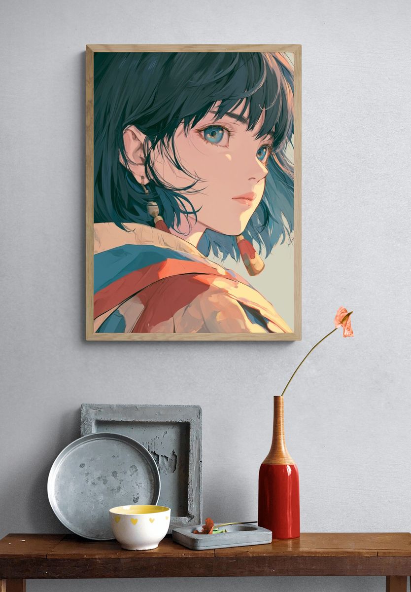 Blue-Haired Anime Portrait Poster. — room view 3
