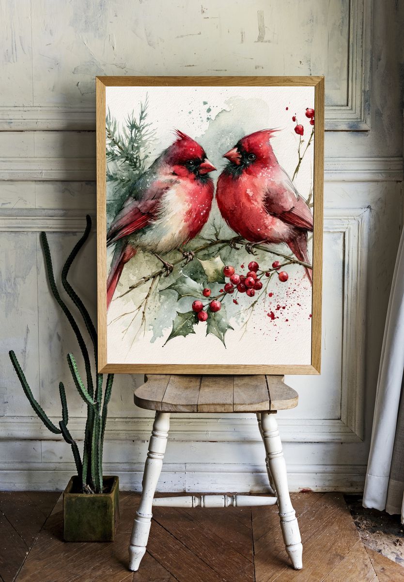 Cardinal Pair Watercolor Poster. room preview