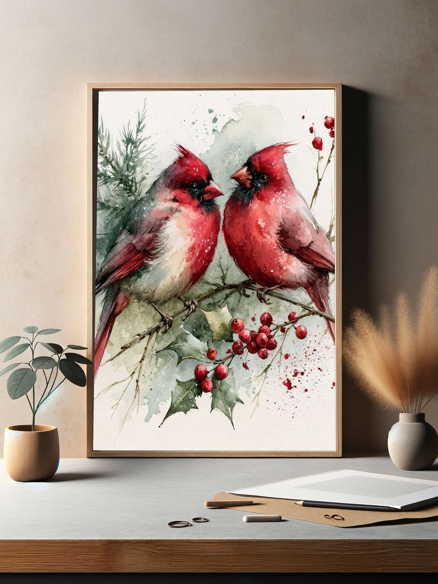 Cardinal Pair Watercolor Poster. — room view 2