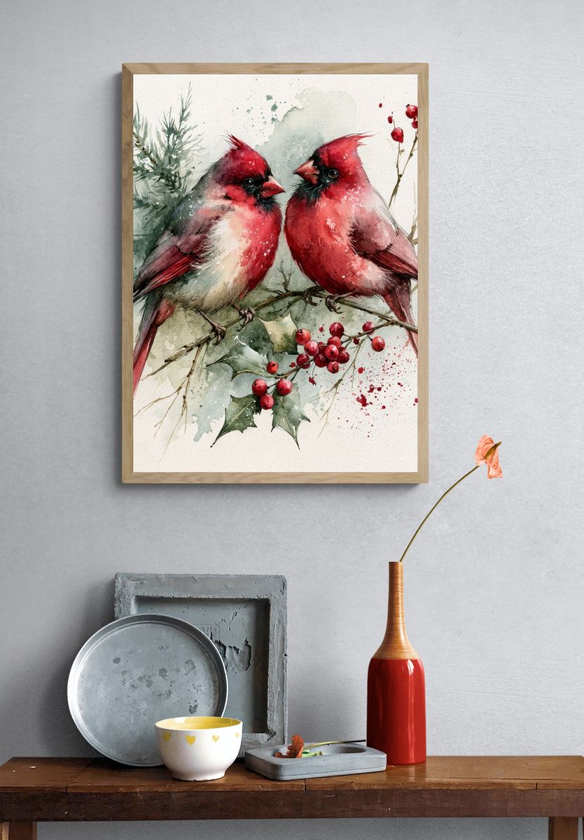 Cardinal Pair Watercolor Poster. — room view 3