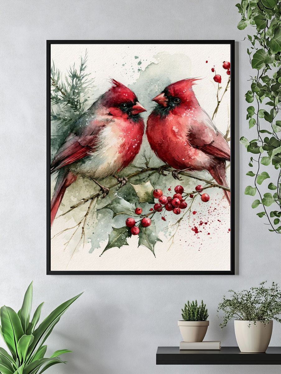 Cardinal Pair Watercolor Poster. — room view 4