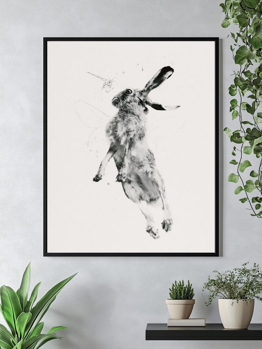 Leaping Hare Black-White Print. — room view 4