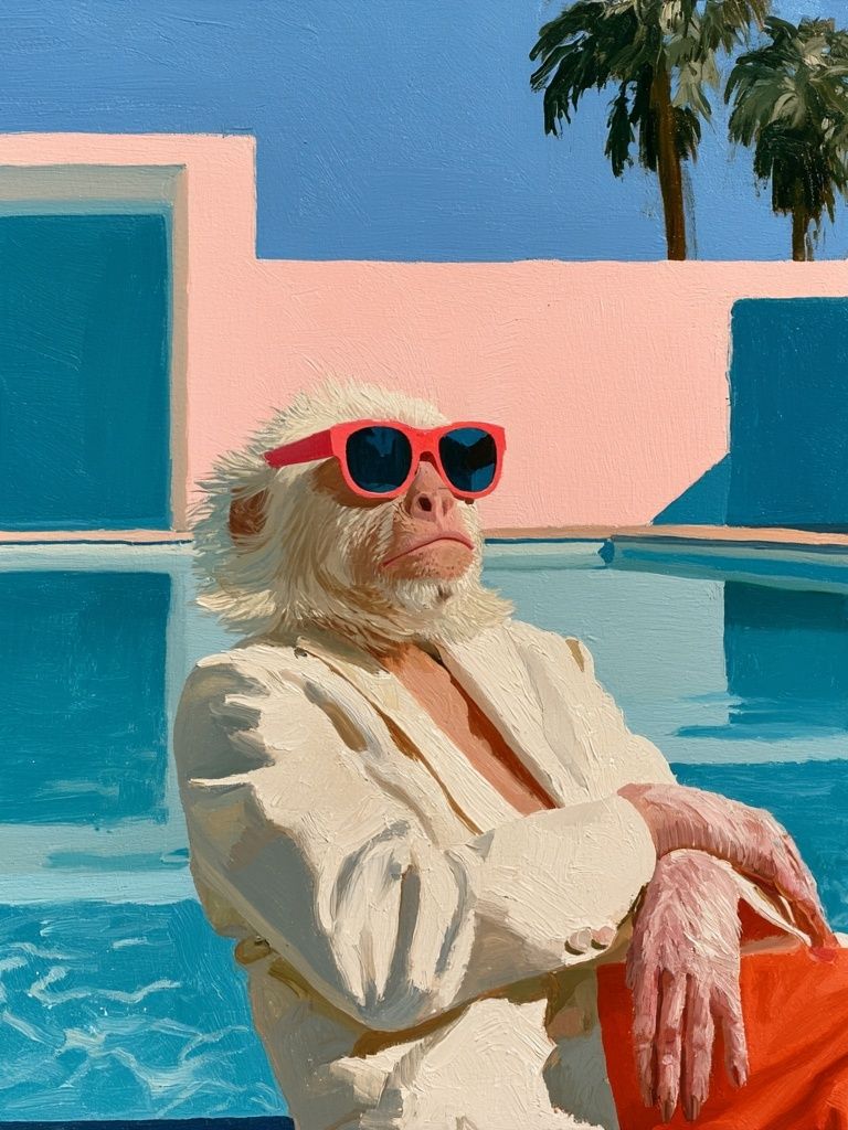 Poolside Monkey Portrait Print. poster — animals art