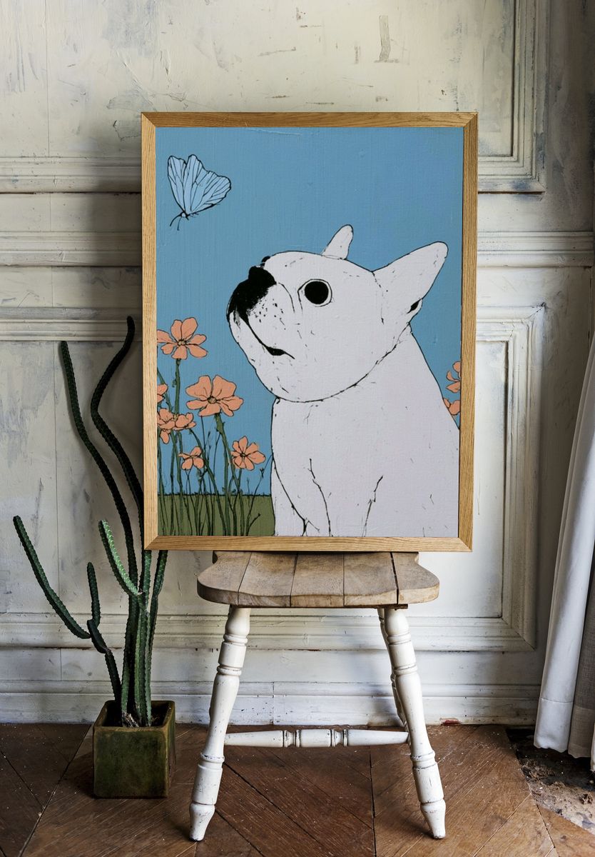 White Bulldog Floral Illustration Poster. room preview