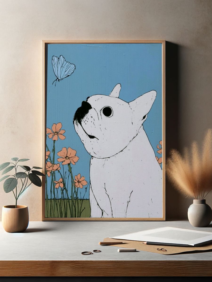 White Bulldog Floral Illustration Poster. — room view 2