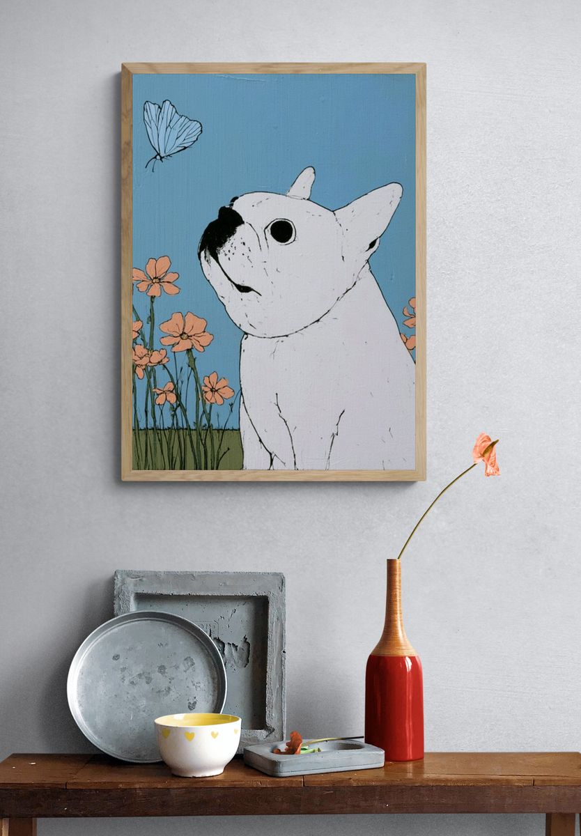 White Bulldog Floral Illustration Poster. — room view 3