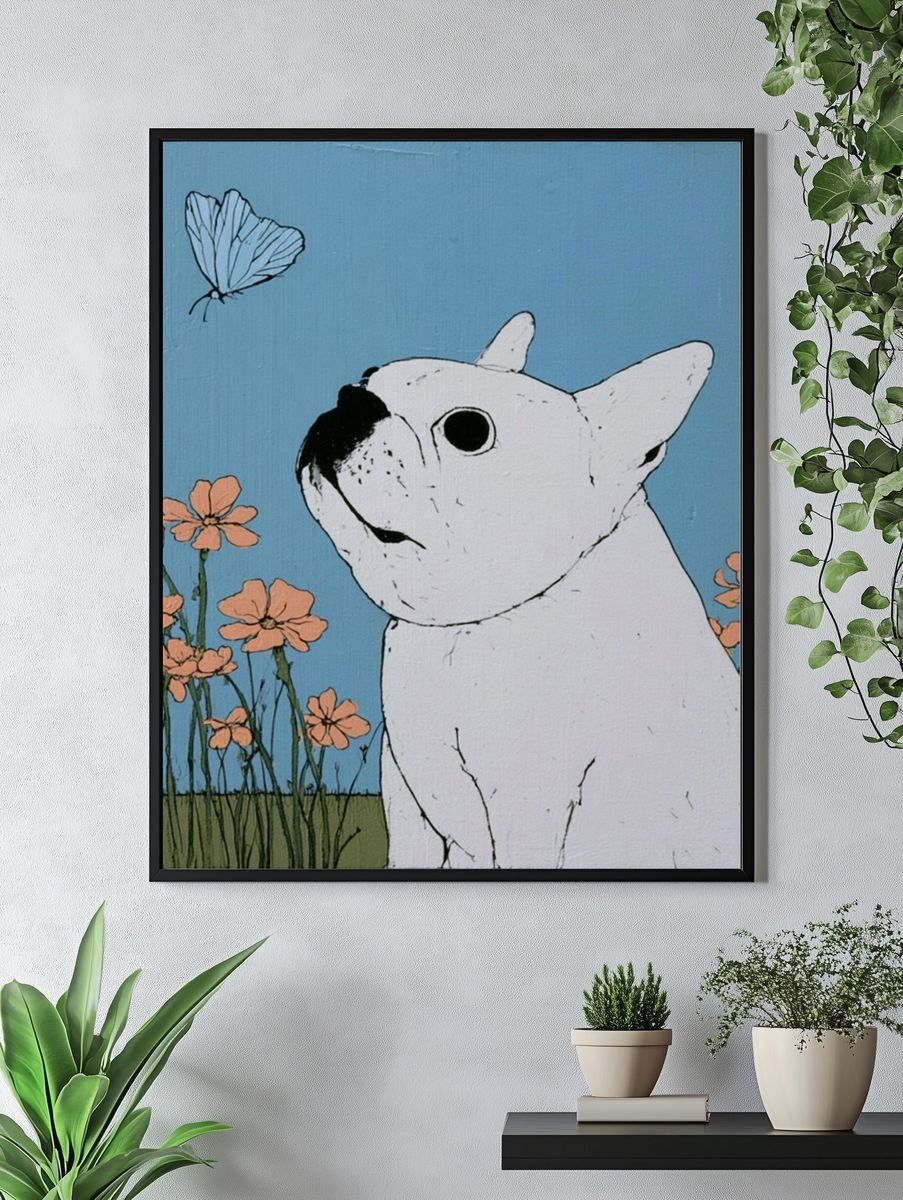 White Bulldog Floral Illustration Poster. — room view 4