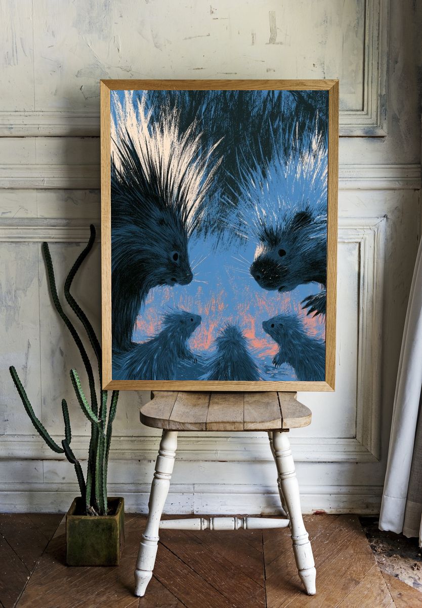 Porcupine Family Illustration Poster. — room view 1