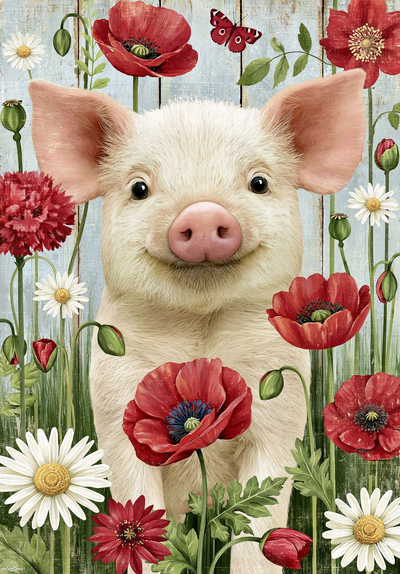 Pig in Wildflowers Illustration Poster. poster — animals art