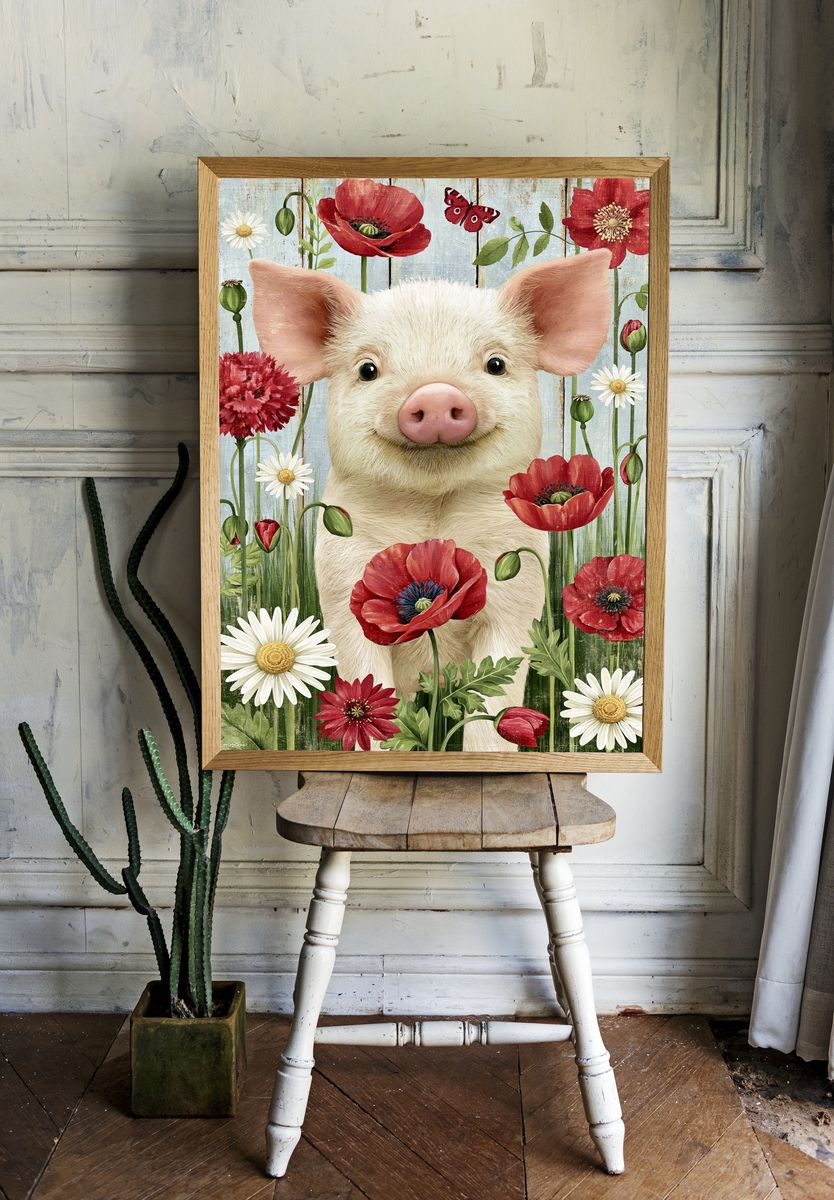 Pig in Wildflowers Illustration Poster. — room view 1