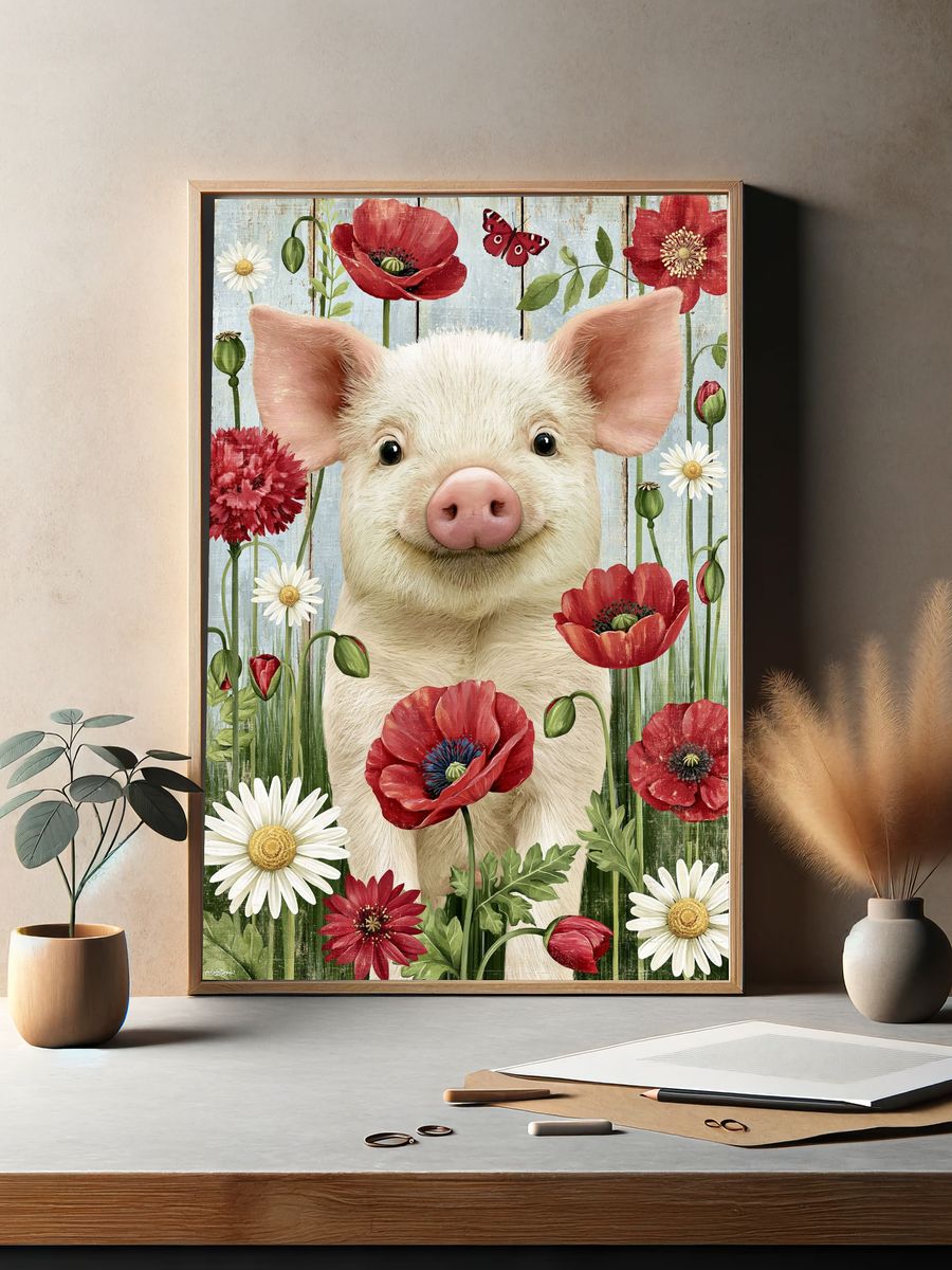 Pig in Wildflowers Illustration Poster. — room view 2