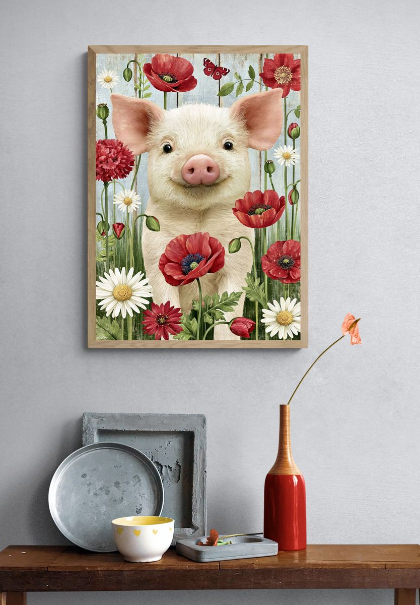 Pig in Wildflowers Illustration Poster. — room view 3